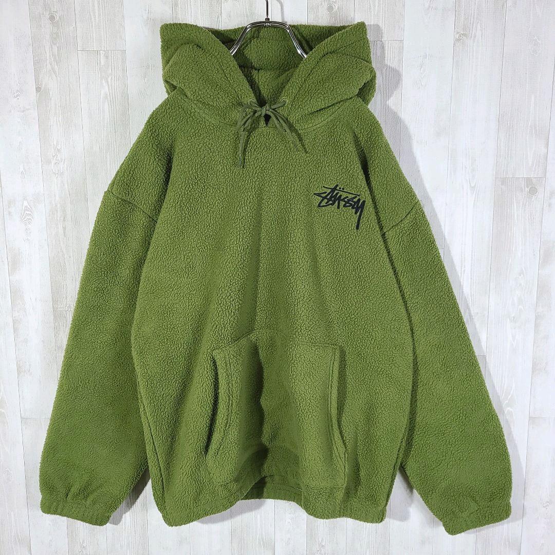 入手困難 L相当 アースカラー フリースパーカー QhCMB-m77750976987 ステューシー 刺繍 緑 高品質国産