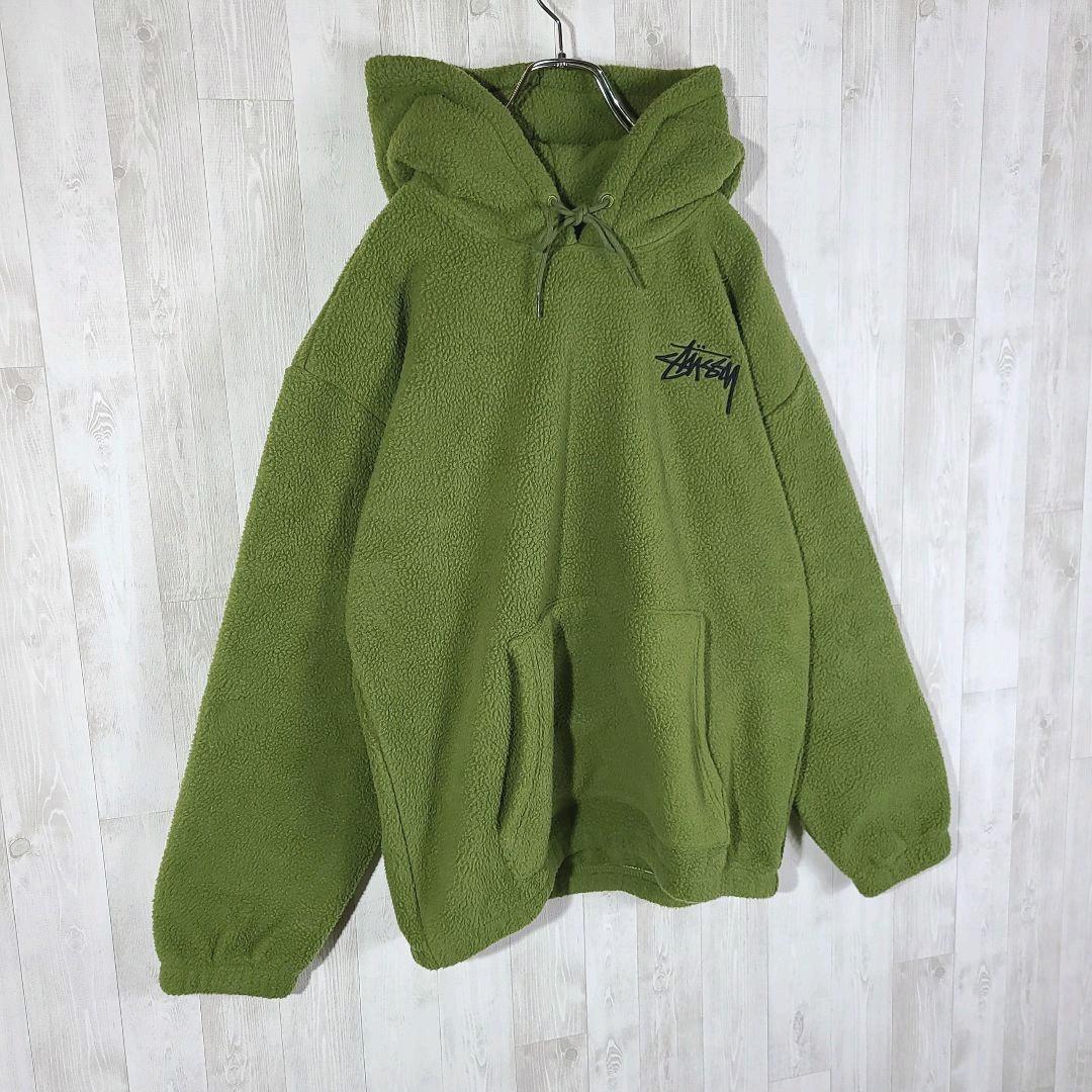 入手困難 L相当 アースカラー フリースパーカー QhCMB-m77750976987 ステューシー 刺繍 緑 高品質国産