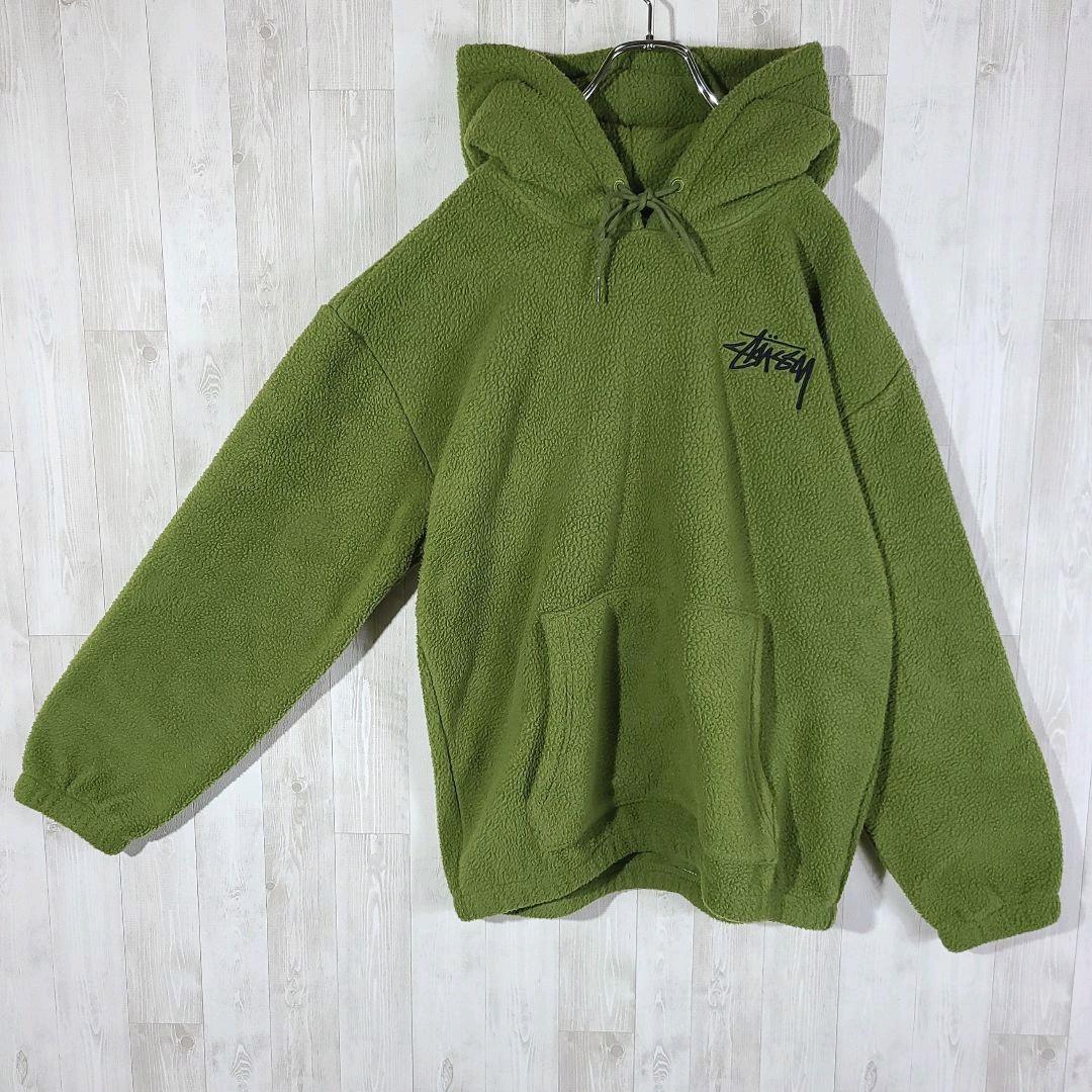 入手困難 L相当 アースカラー フリースパーカー QhCMB-m77750976987 ステューシー 刺繍 緑 高品質国産