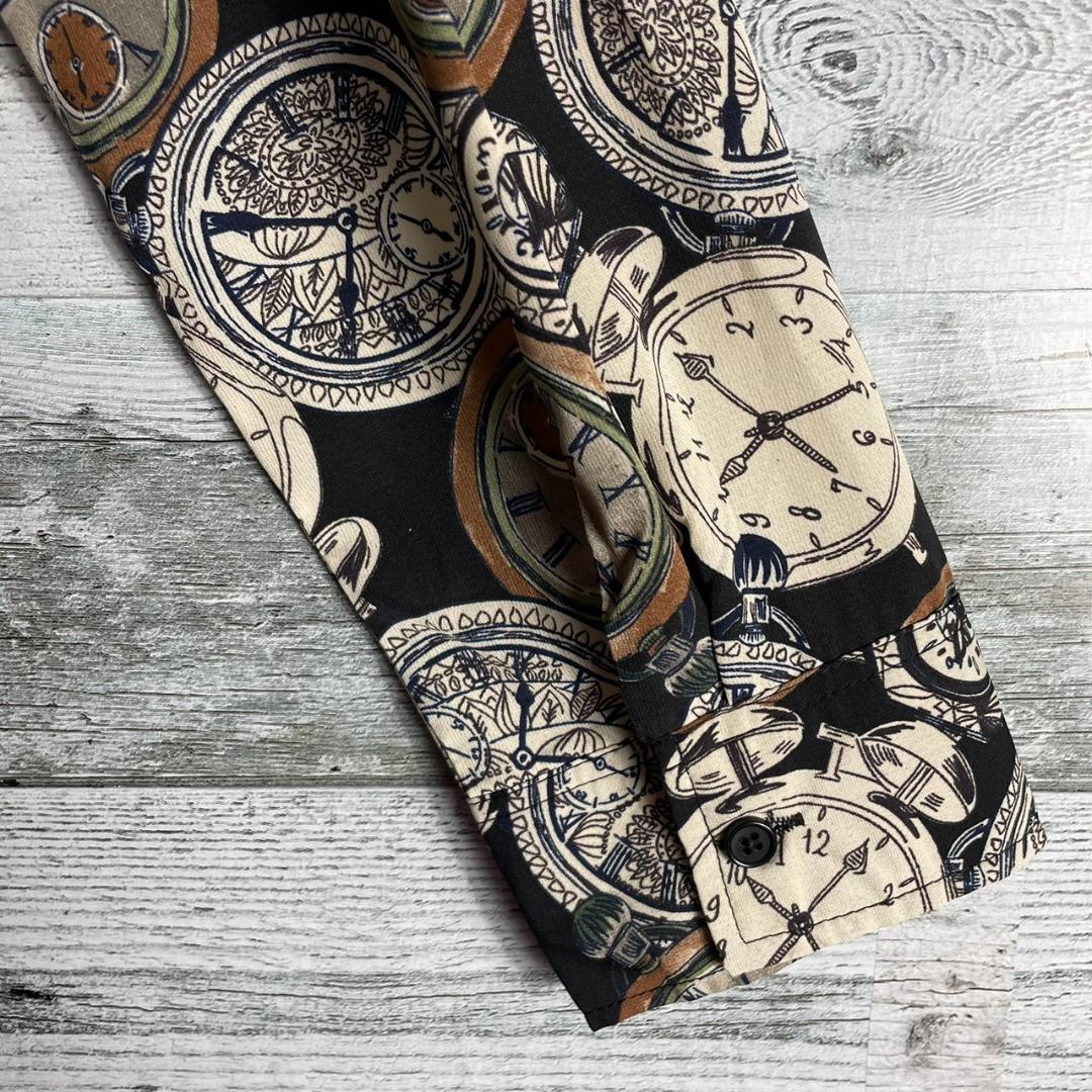 【美品】柄シャツ　ポリシャツ　総柄　時計柄　長袖　アート　黒　レディース