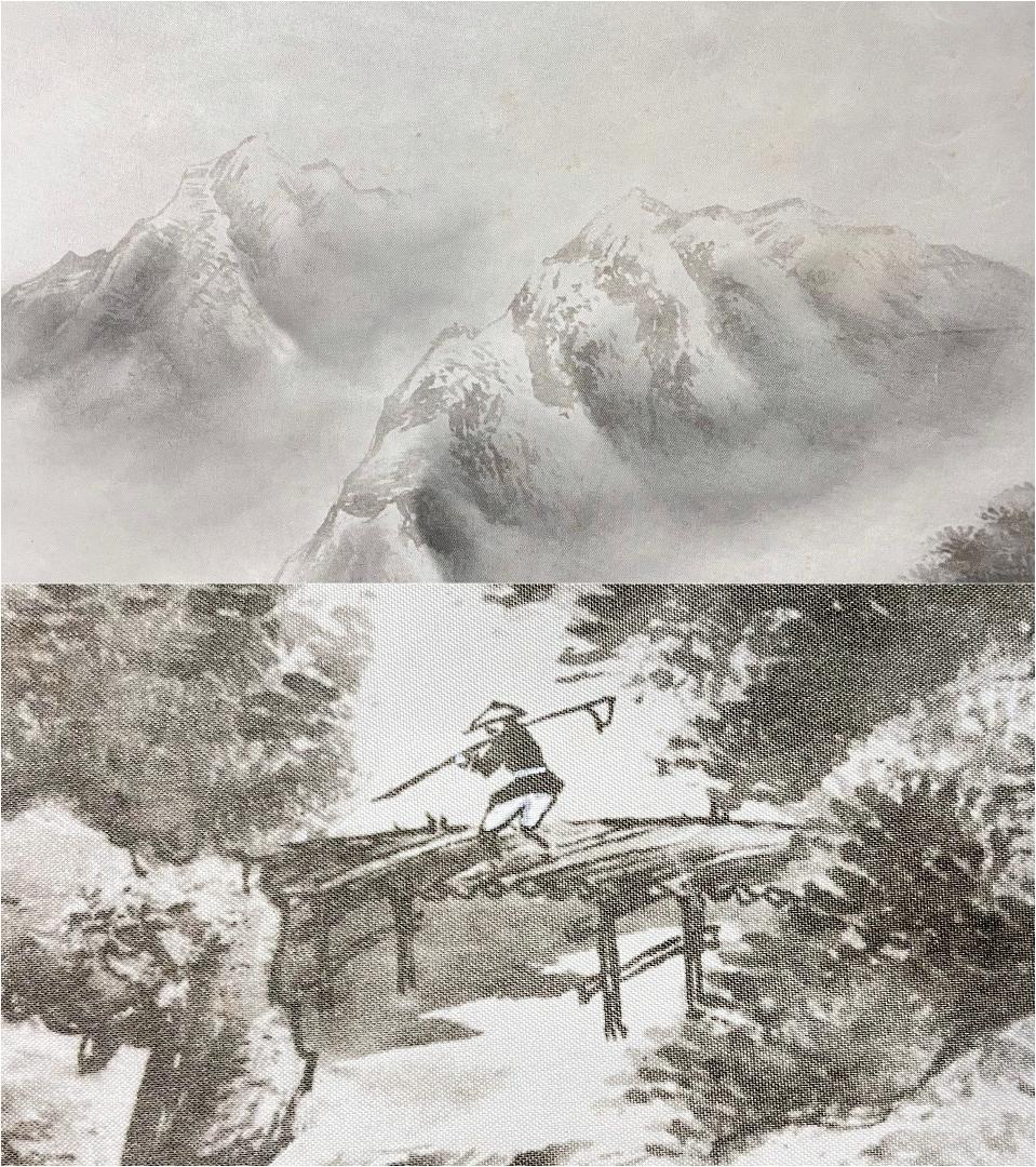 掛軸 松月『水墨山水図』日本画 絹本 版画+手彩色 掛け軸 R014 掛軸 松月『水墨山水図』日本画 絹本 版画+手彩色 掛け軸 R014