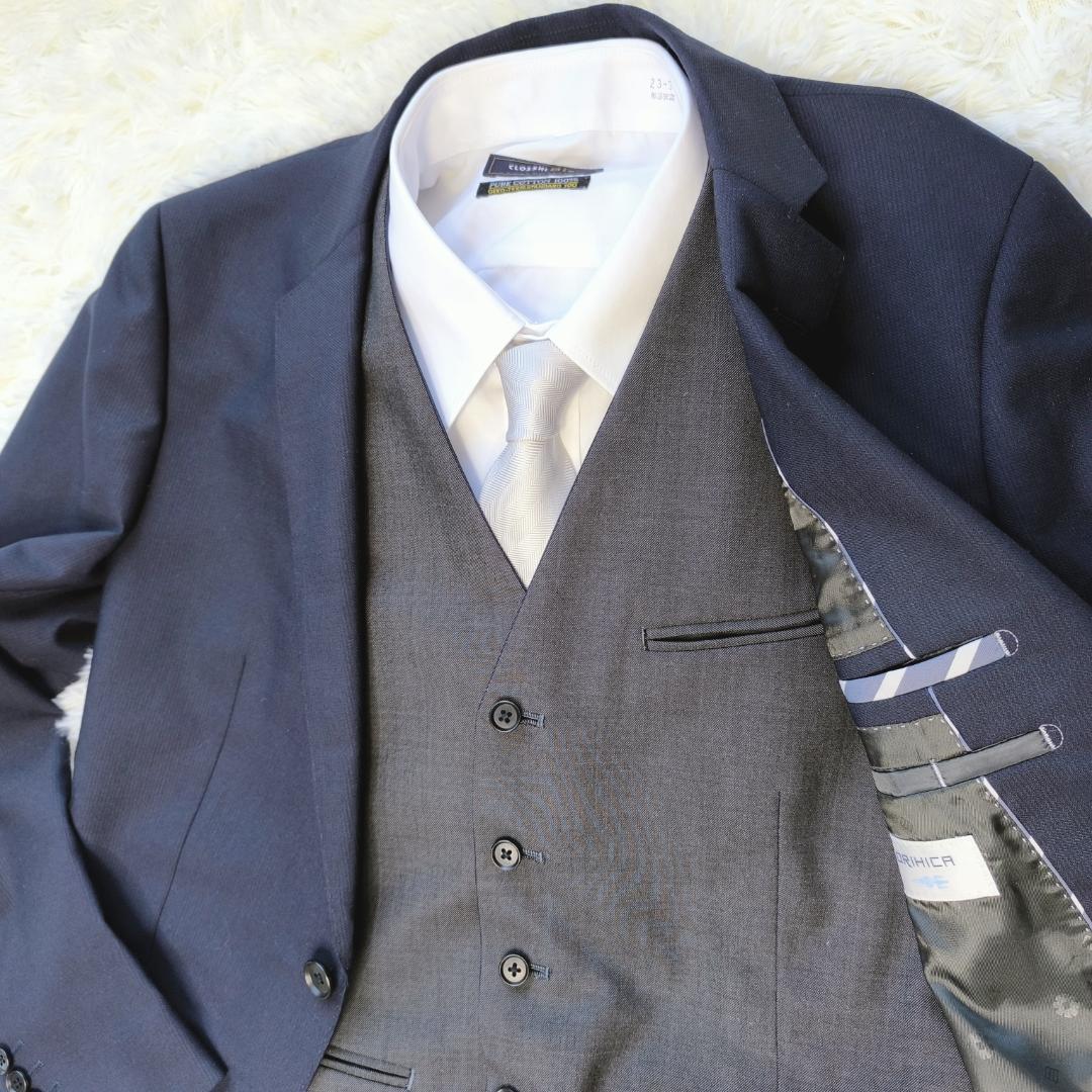 【美品】オリヒカ　スーツ　スリーピース　リバーシブルベスト　紺　ネイビー　M