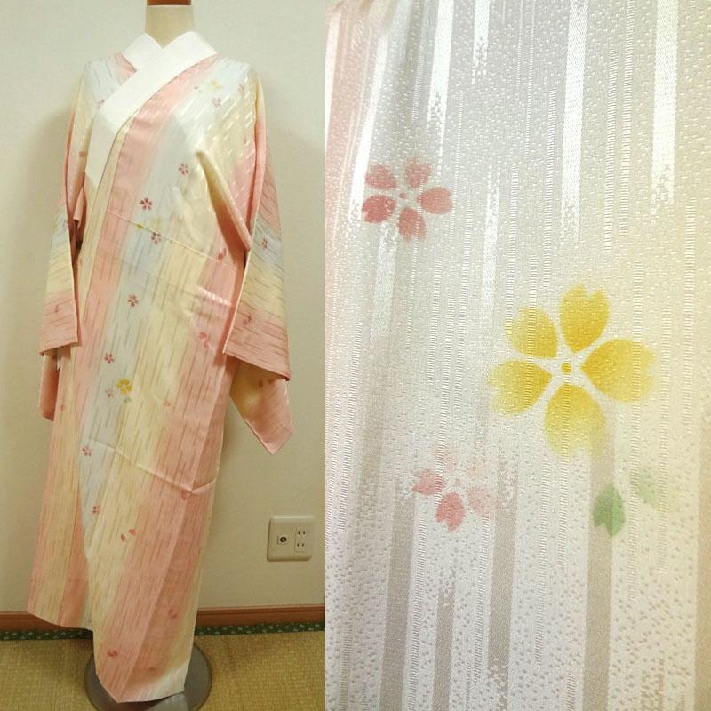 ピンクと黄色のぼかしの変わり地紋に桜 長襦袢(袷)