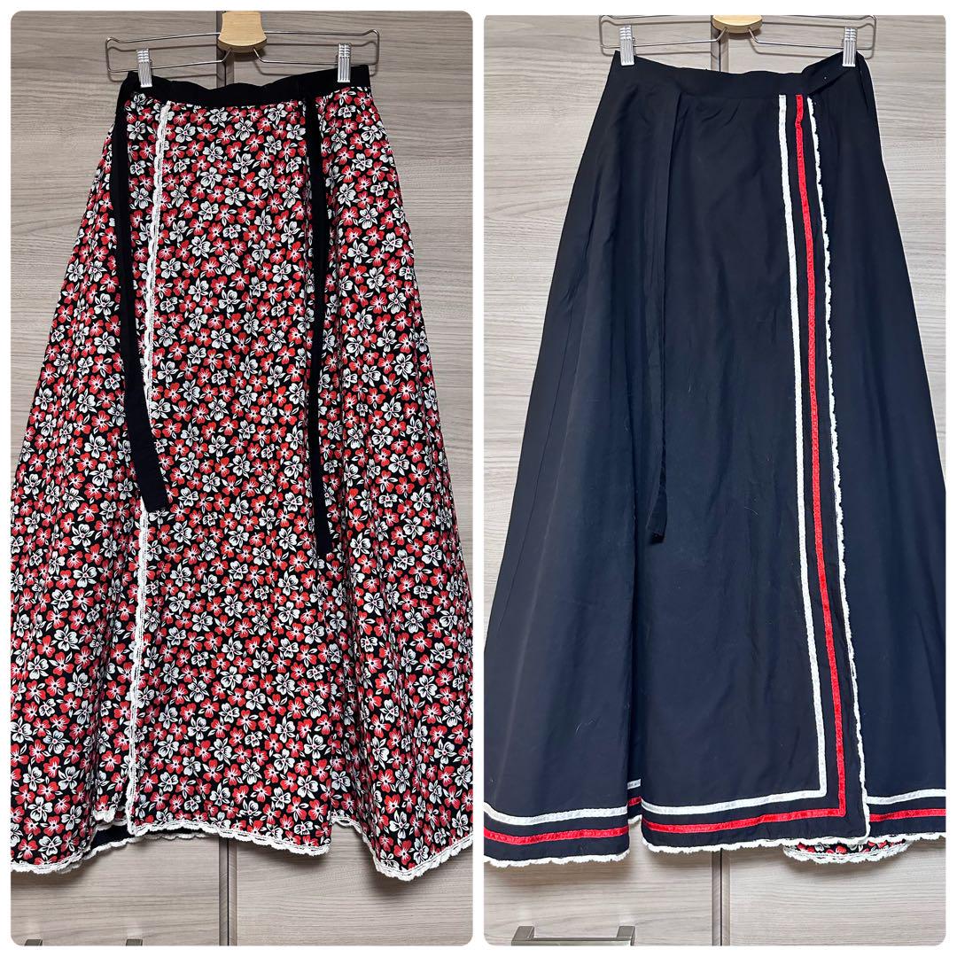 古着 リバーシブル マキシ丈 ロング スカート 巻きスカート 花柄 黒 ライン