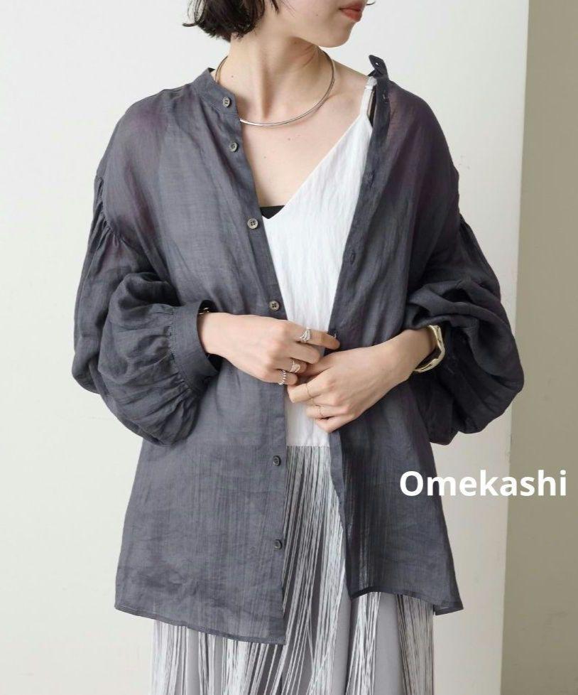【Omekashi】シアーリネンボリュームスリーブシャツ　チャコールグレー