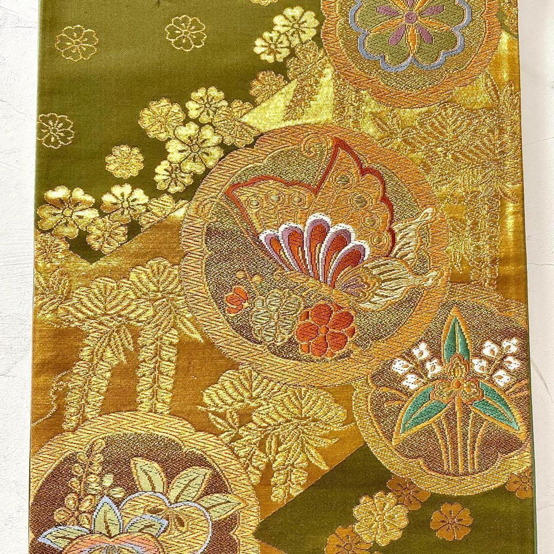 袋帯 蝶々 藤の花 桜 花柄 華柄 カーキ 成人式 NO-766 着物・