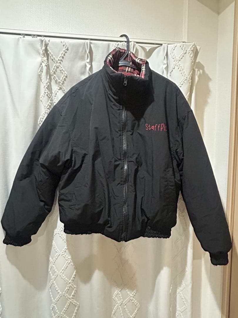 リバーシブル ダウンジャケット 黒 赤チェック 地底人赤黒チェック柄ダウン