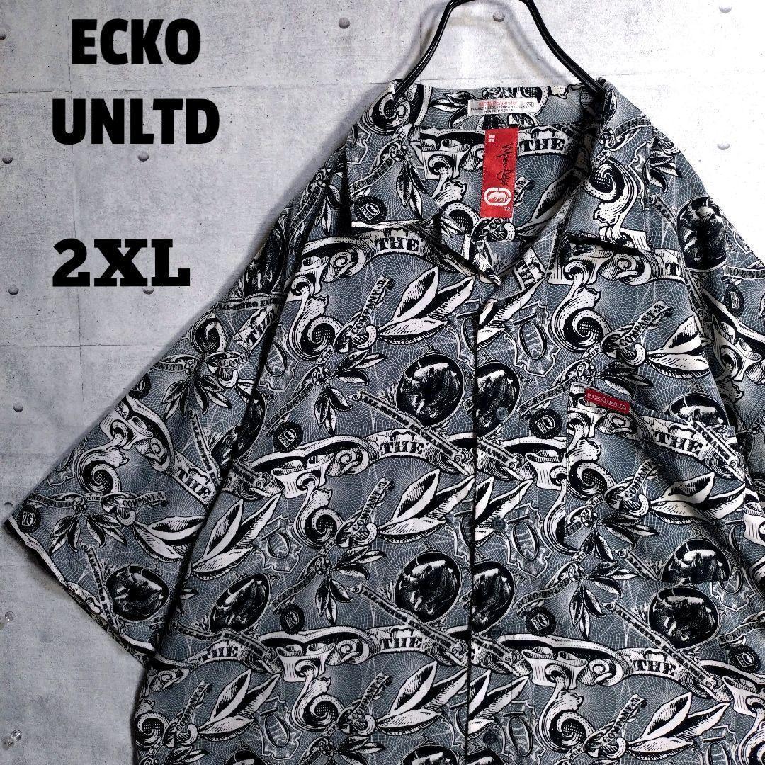 エコーアンリミテッド★個性的 スカーフ 総柄 半袖 オープンシャツ 2XL 韓国