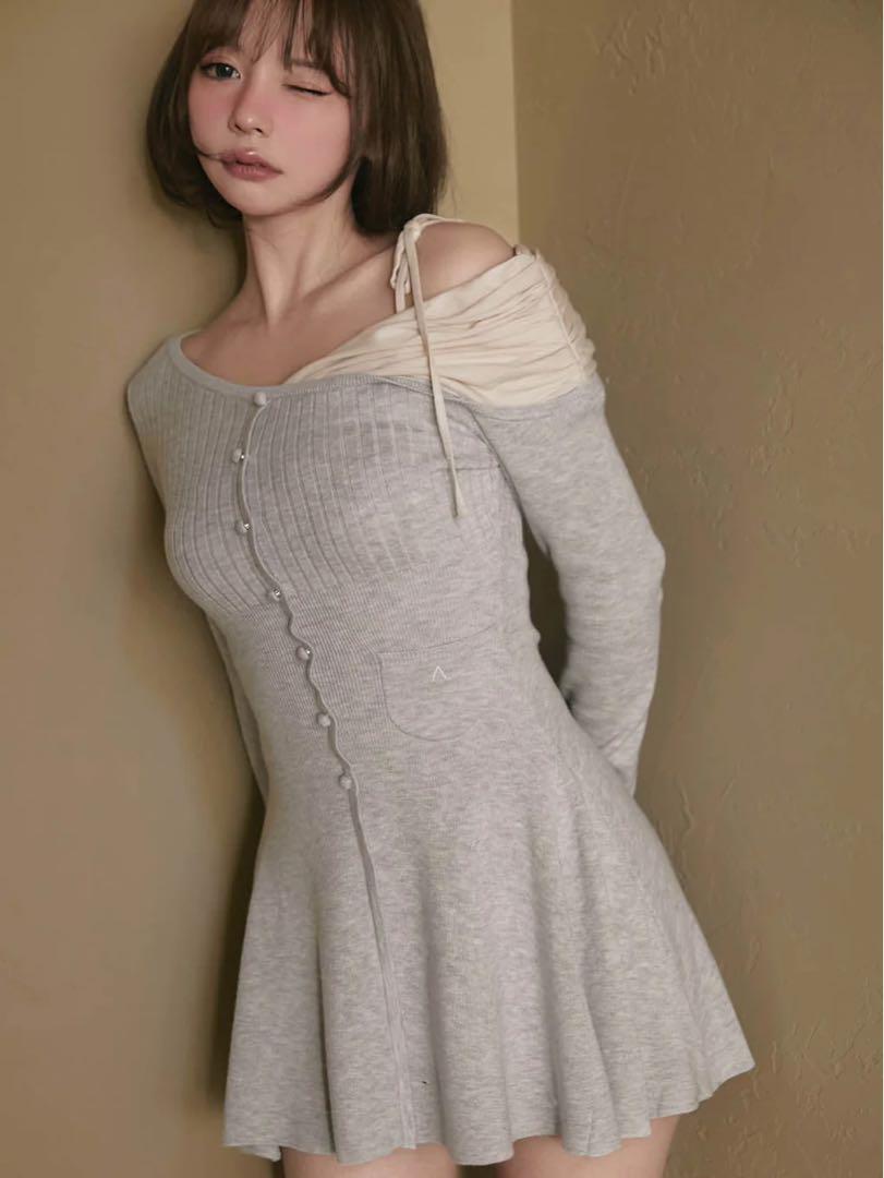 アンドマリー Helen knit flare mini dress グレー