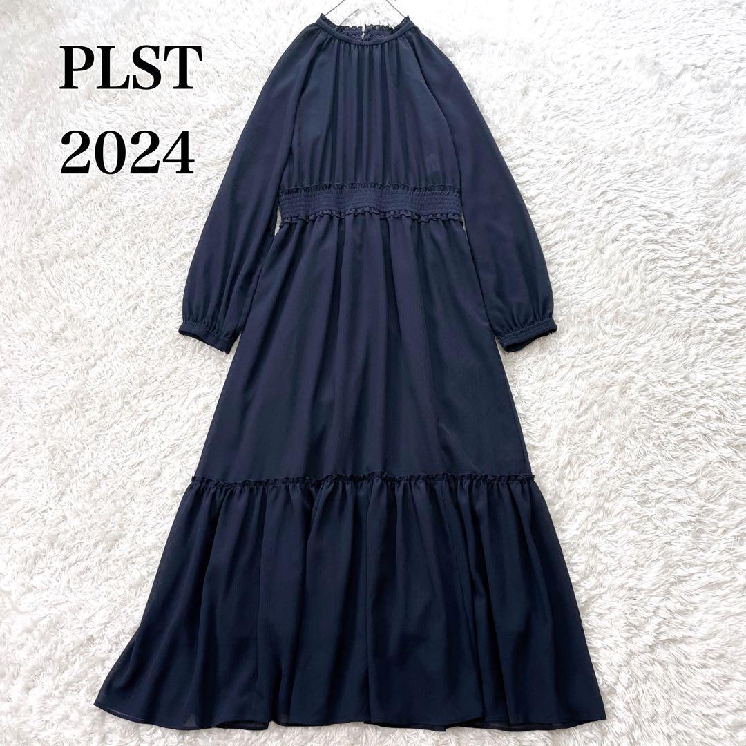 美品✨プラステ　ハイネックギャザーワンピース（長袖）　ネイビー　ロング　M