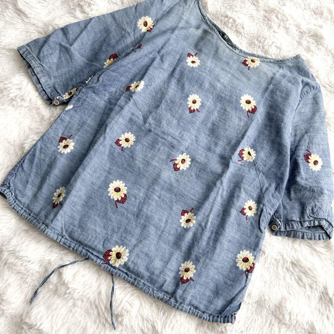 【美品】45rpm トップス　花柄　インディゴ 3サイズ　総柄　半袖　リネン 45R☆トップス 花柄 インディゴ 半袖 リネン コットン Tシャツ