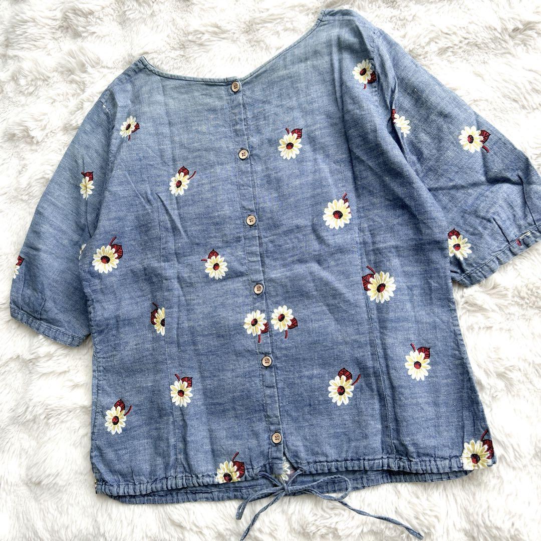 【美品】45rpm トップス　花柄　インディゴ 3サイズ　総柄　半袖　リネン 45R☆トップス 花柄 インディゴ 半袖 リネン コットン Tシャツ