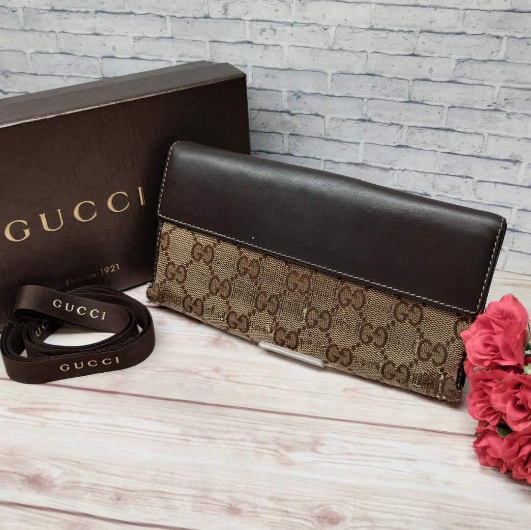 美品✨GUCCI 長財布　GGキャンバス ロゴプレート　ブラウン　Wホック グッチ 二つ折り財布 Wホック GGキャンバス 203549 4276