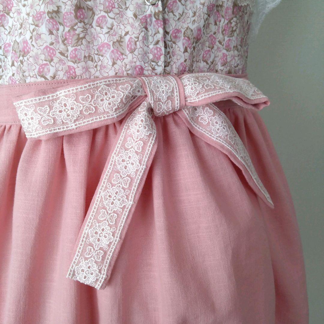 *511 ハンドメイド　ワンピース　エプロン　ドレス　リバティ いちご　110