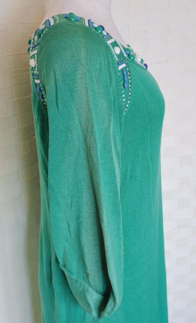 BCBGMAXAZRIA ★美しいシルク 緑のビーズ装飾五分袖チュニック ♪