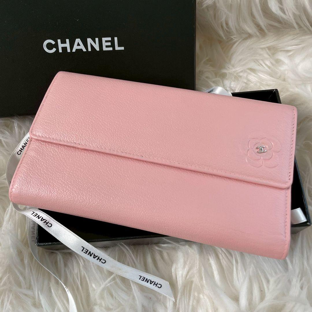 シャネル CHANEL 長財布 三つ折り カメリア ピンク ココマーク
