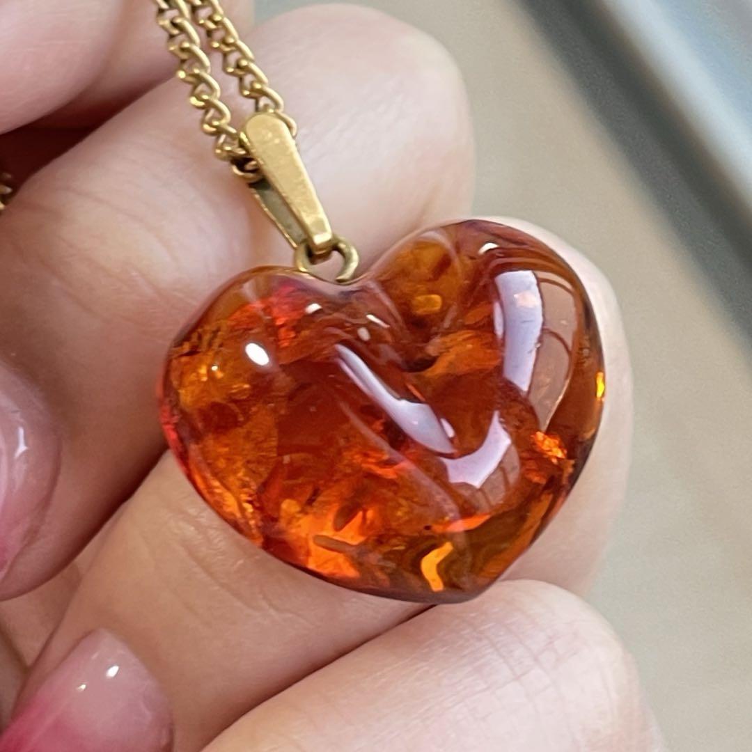 【美品 SRK】ハート 琥珀 ネックレス