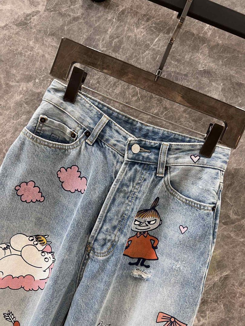 ムーミン刺繍入りワイドレッグデニムM