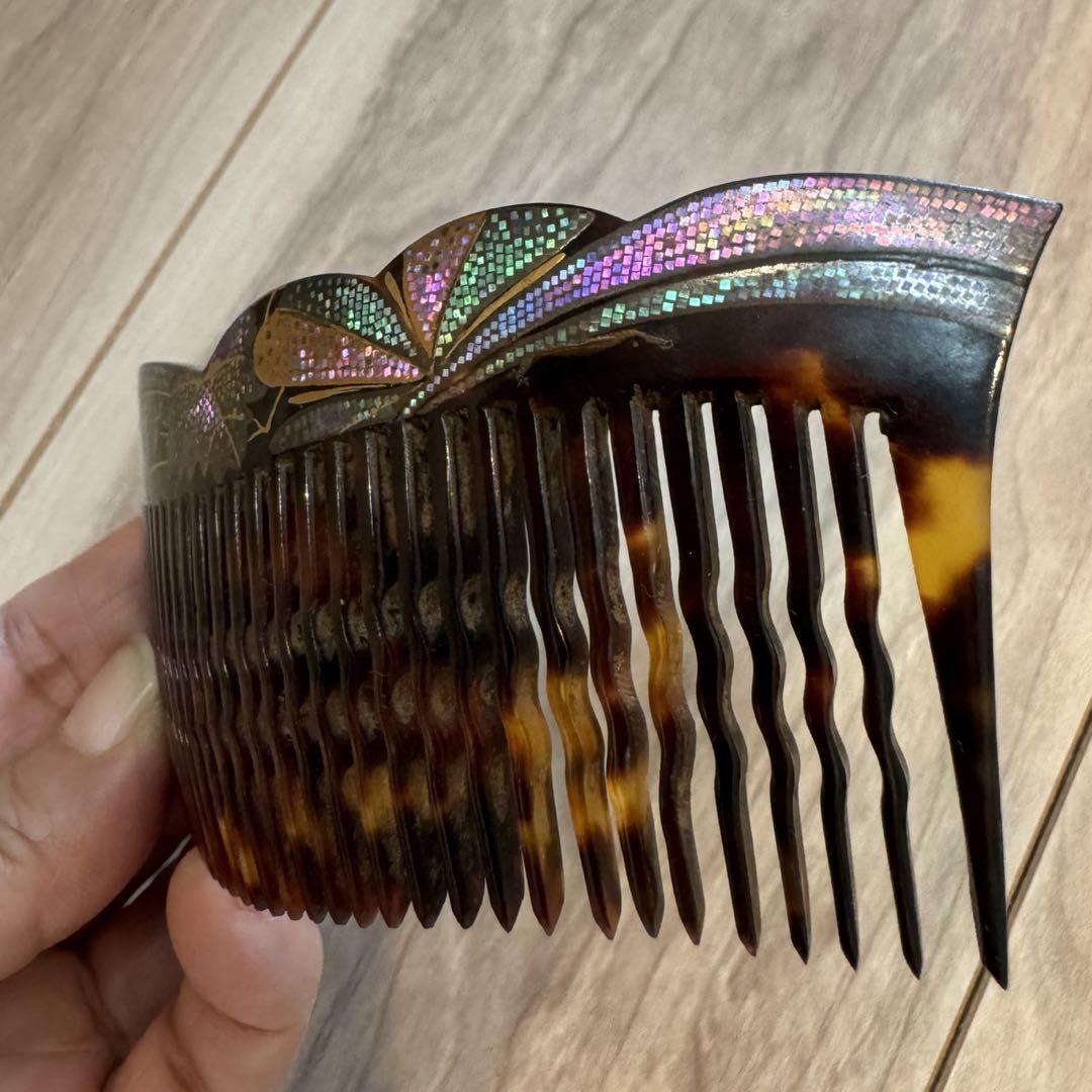 超美品 豪華 鼈甲 べっこう 螺鈿 髪飾り 櫛 アンティーク 作家物 画像5