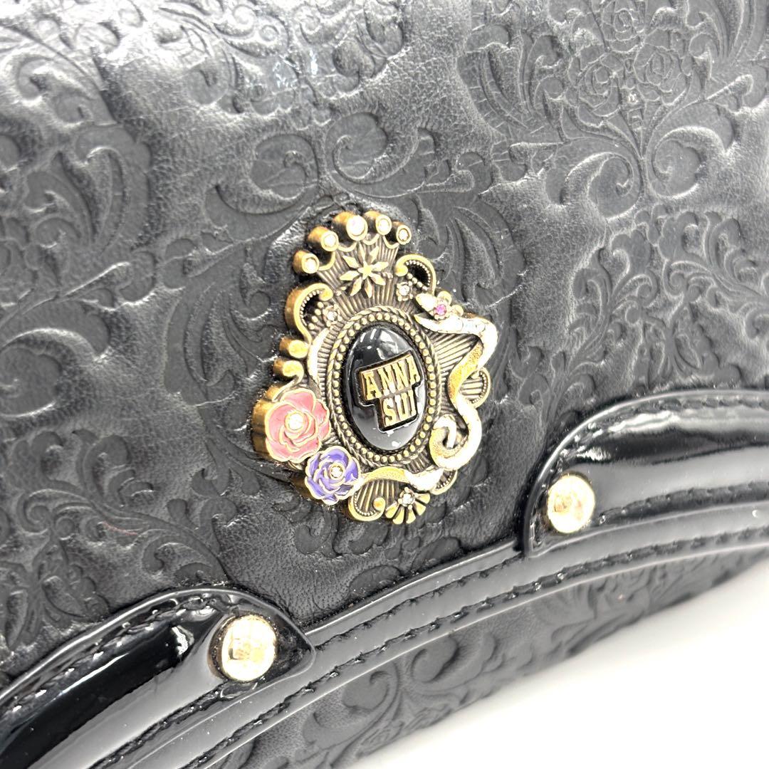 【美品】アナスイ 長財布 がま口 ロゴ 総柄 レザー 大容量 花柄 フラワー 黒