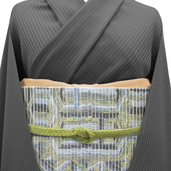 袋帯 金銀彩加工 白銀 青 幾何学模様 カジュアル 正絹 絹 中古 kp2105