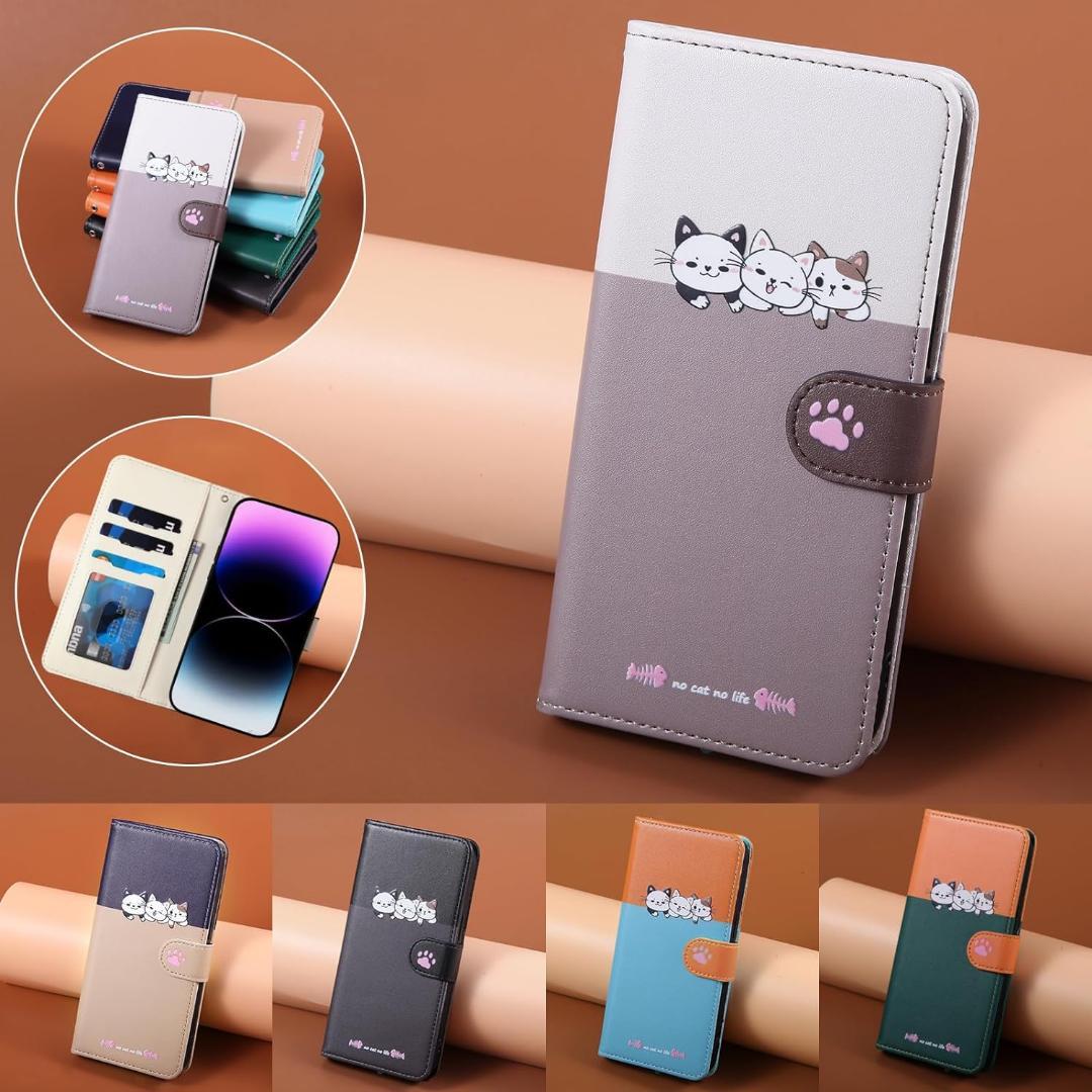 猫ちゃん手帳型ケース　iphone15Pro オレンジ+水色　スマホケース