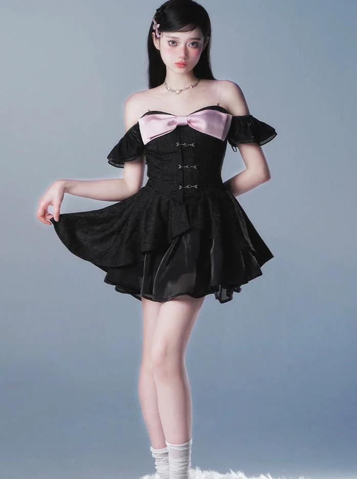 競売 美品】Belchic ピンクビックリボンオフショルワンピース Sサイズ コスプレ衣装