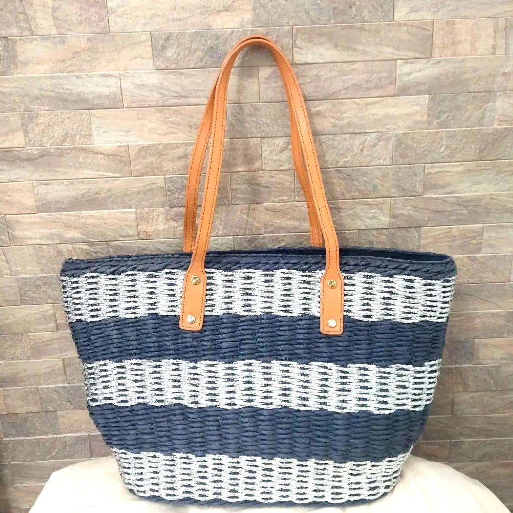 TORY BURCH　ストロー×レザー　かごバッグ　トートバッグ　ネイビー TORY BURCH ストロー×レザー かごバッグ トートバッグ ネイビー