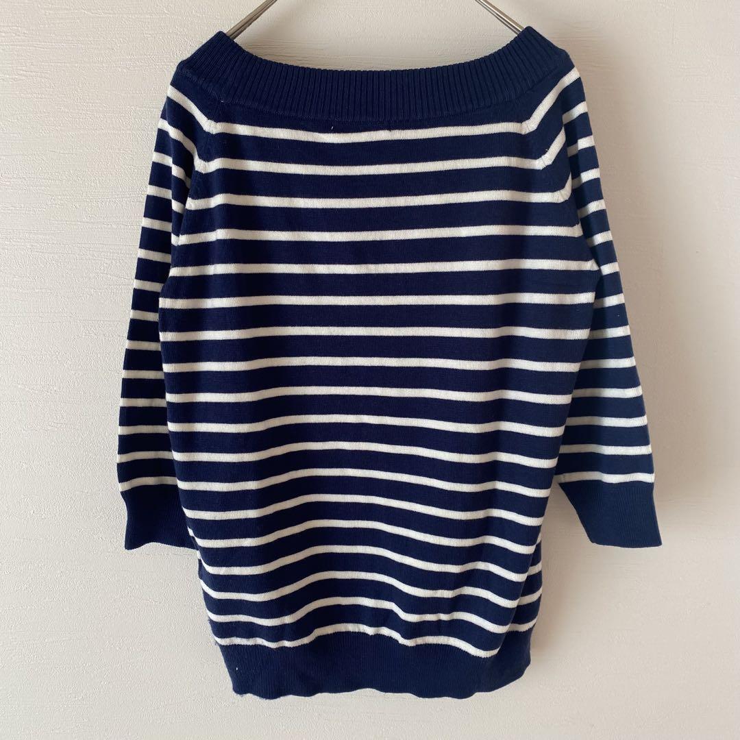 ミルシェ 半袖ニット 7分丈 ビジューネック ボーダー ネイビー M