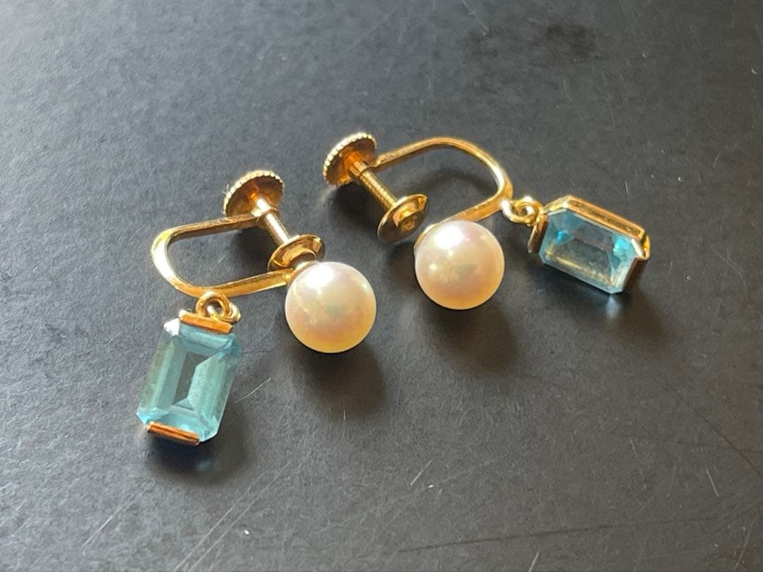 【K18刻印】パール×ブルーストーン イヤリング スクリュー式 ヴィンテージ