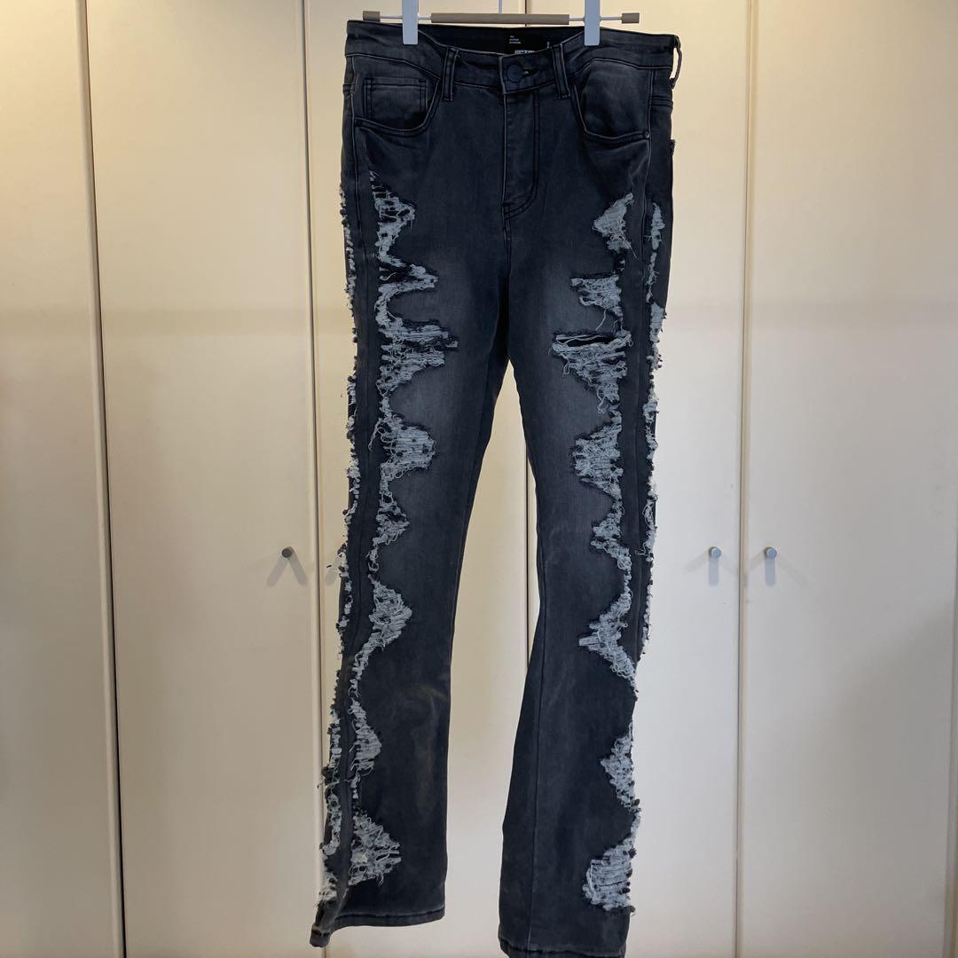 【EPTM】ダメージ加工ダークグレー クラッシュフレアデニムパンツ