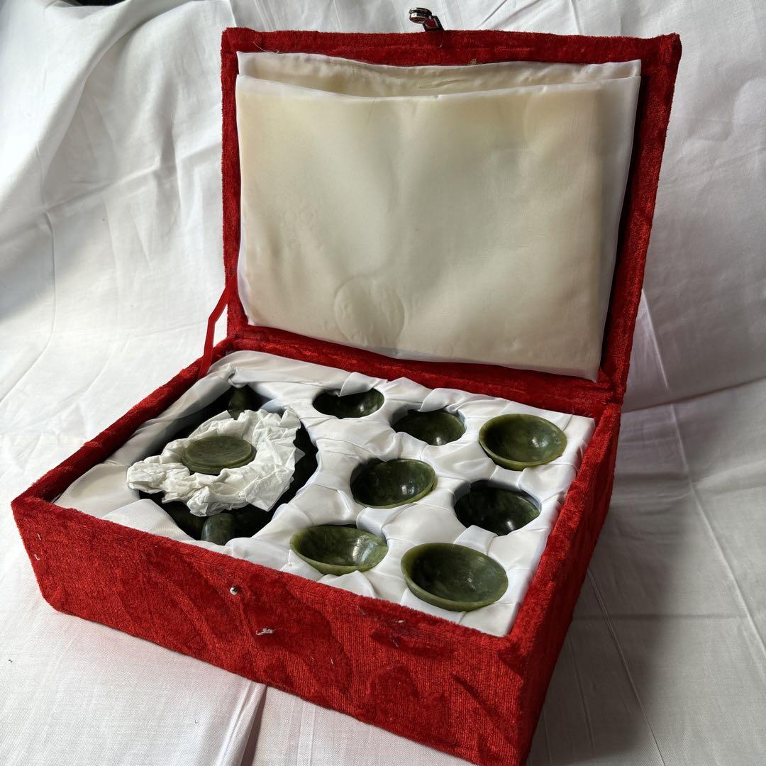 玉石彫刻 岫玉南京形 煎茶器 茶杯6,茶壺,盆揃 玉石茶器 翡翠
