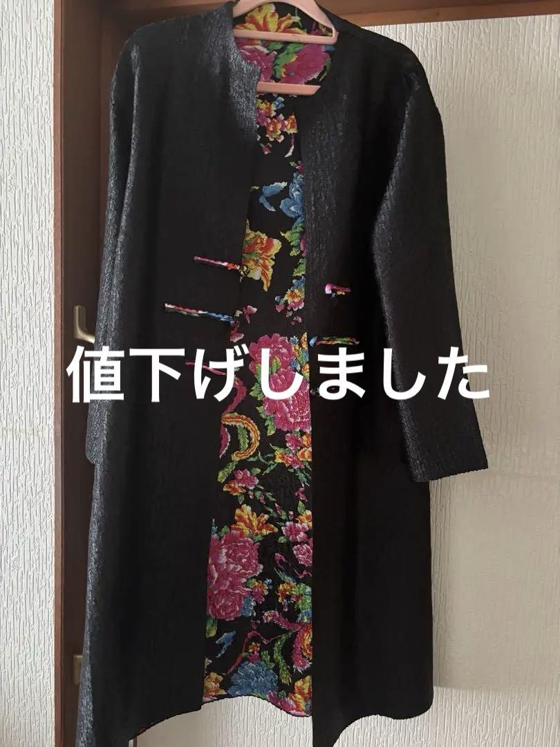 チャイナコート　カラフル花柄　黒　薄手3XL ロングコート　未使用 8,309円