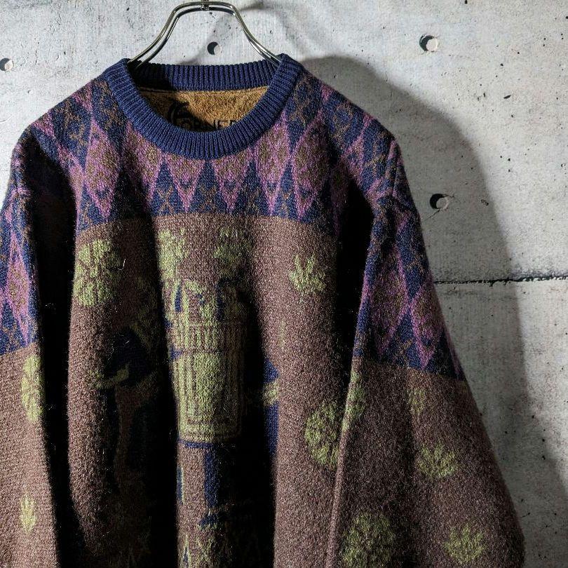 【古着】　90s　ビンテージ　モヘア　リンガー　ニット　アーガイル柄　総柄　茶