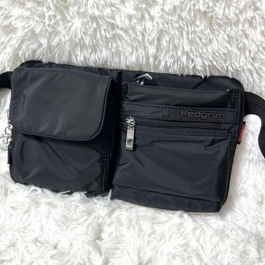 【美品】Hedgren ヘデグレン ウエストポーチ ブラック シルバーロゴ