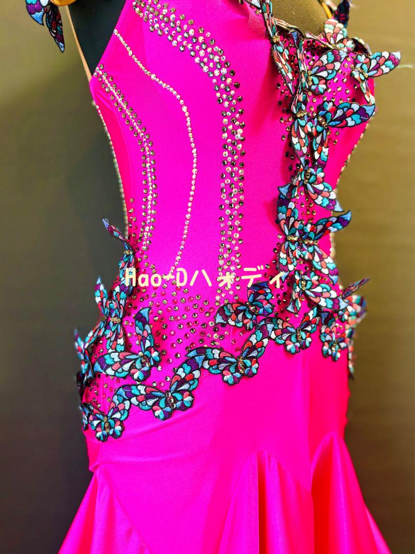 新品★ラテンドレス★リズム★蝶々★社交ダンス★ピンク★競技 Hao-D☆新品☆ラテンドレス☆リズム☆蝶々☆社交ダンス☆ピンク