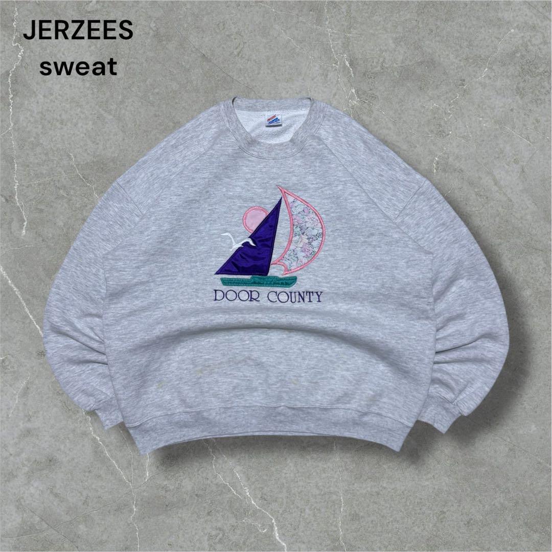 90s JERZEESジャージーズスウェットトレーナー刺繍花柄ヘザーグレーXL