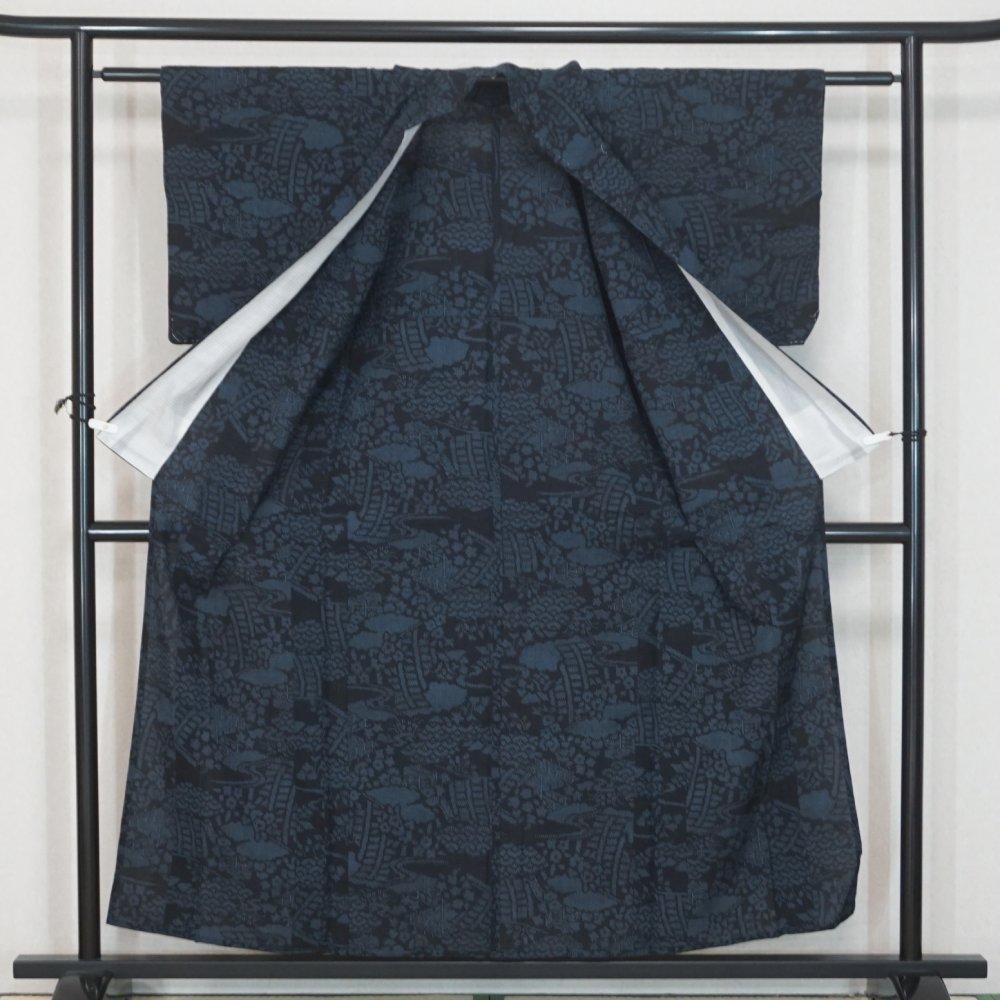 単衣 藍染 正絹紬 秋着物 カジュアル 155cm l007