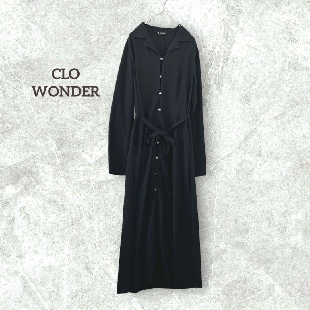 【CLO WONDER】 ウエストリボン ロングワンピース 長袖 薄手 スリット
