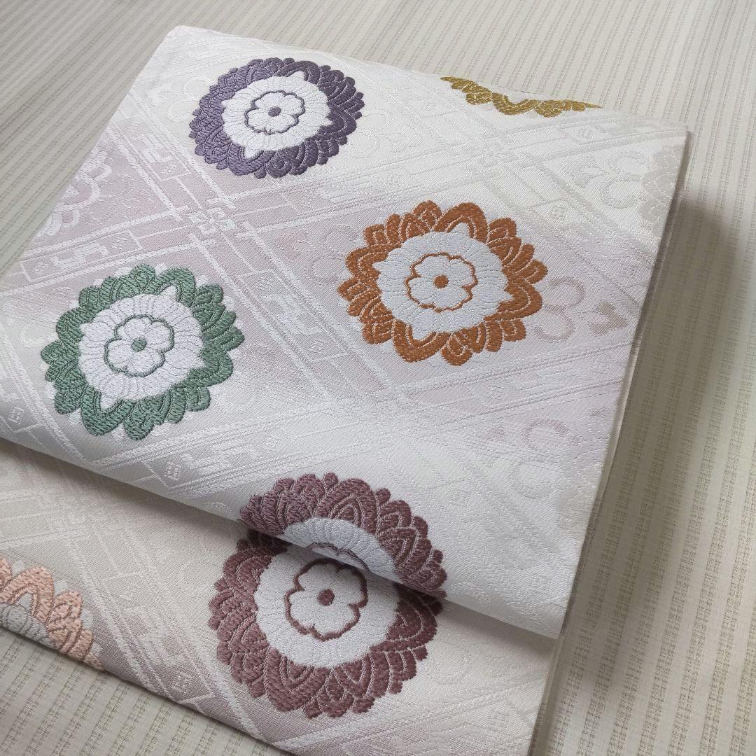 【名古屋帯】白×薄ピンク/宝相華/菱/正倉院/お茶席/上品/正絹/364cm