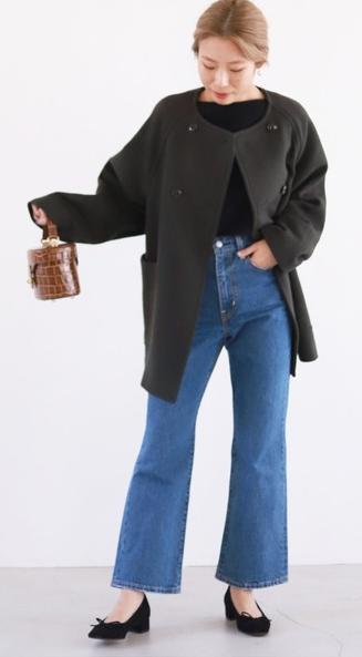 SLOBE IENA ノーカラーダブルコート ショート丈 モスグリーン L
