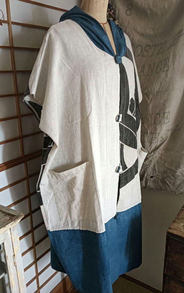 家紋　古布のフード付ジレ63　古布リメイク　ボロ　作家