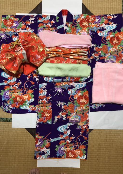 七五三 七歳 女の子 紫 着物 帯 他