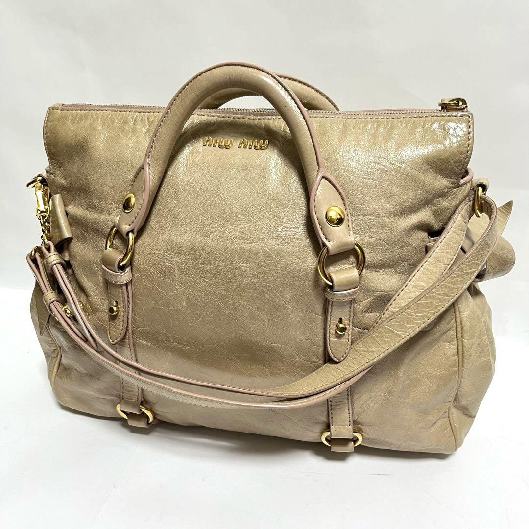 miu miu 2way ショルダーバッグ サイドリボン 金ロゴ レザー