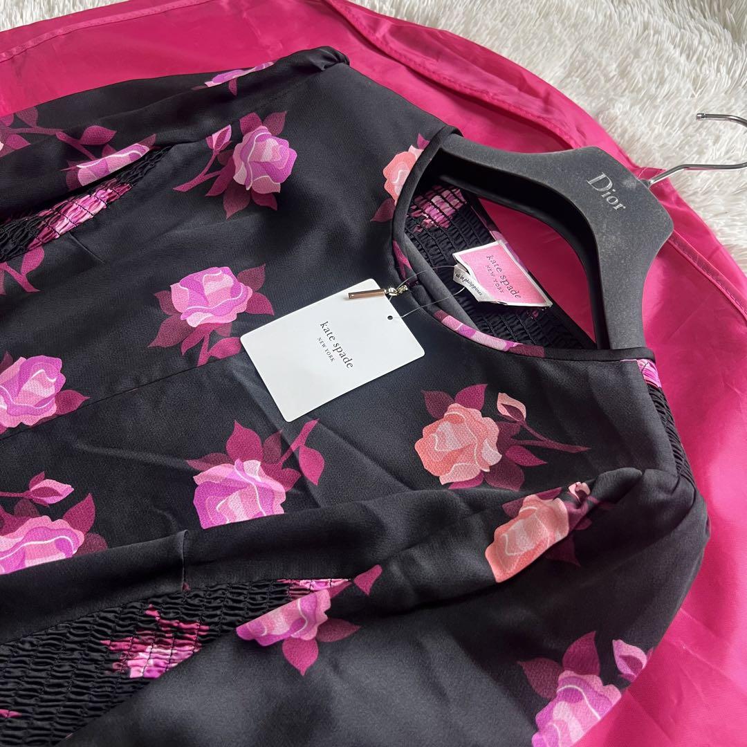 【未使用タグ付き】kate spade ローズ柄フレアワンピース ブラック 4 画像2
