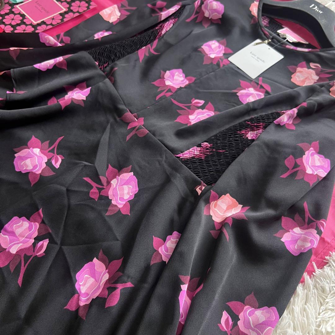 【未使用タグ付き】kate spade ローズ柄フレアワンピース ブラック 4 画像3