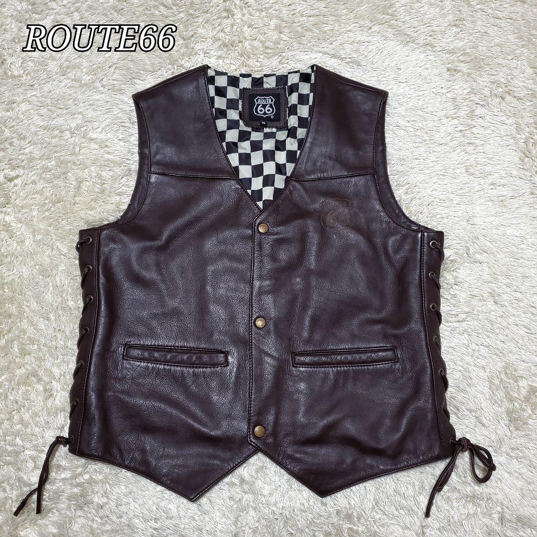 美品✨ROUTE66　オールレザー　ラムレザー　ベスト　市松模様　金ボタン　XL