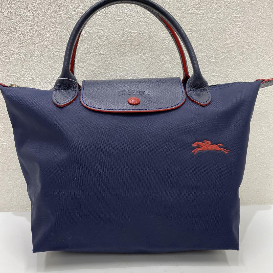 ●16 LONGCHAMP ロンシャン ハンドバッグ ネイビー×レッド 馬 刺繍