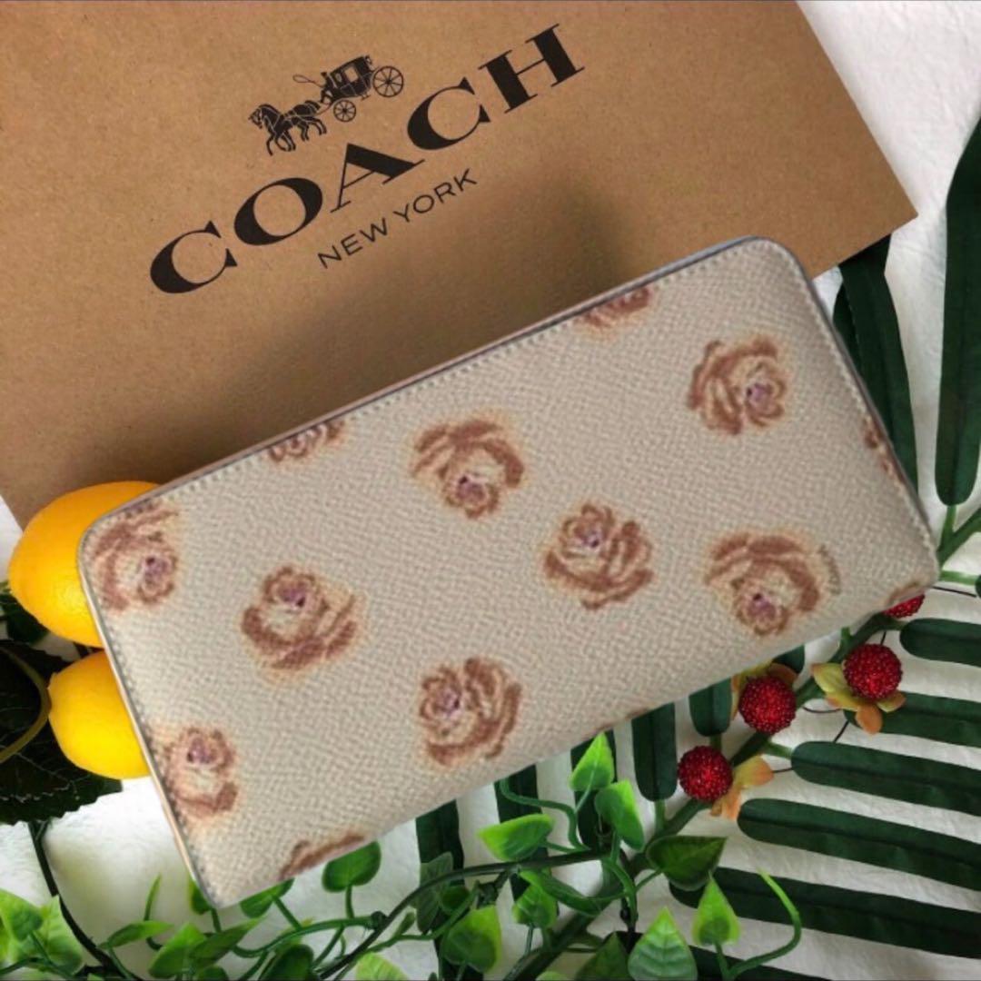COACH コーチ 長財布 バラ プリント ベージュ
