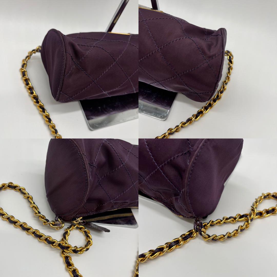 プラダ チェーンショルダーバッグ キルティング 三角ロゴ 紫　パープル　ナイロン 希少PRADA チェーンショルダーバッグキルティング三角ロゴ白タグ紫